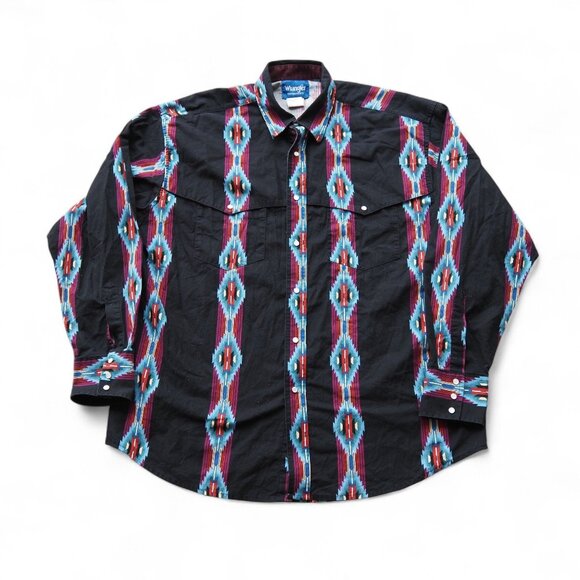 Wrangler VTG 90s Aztec Pearl Snap Button Long Sleeve Shirt Men's XL Black - Picture 1 of 8